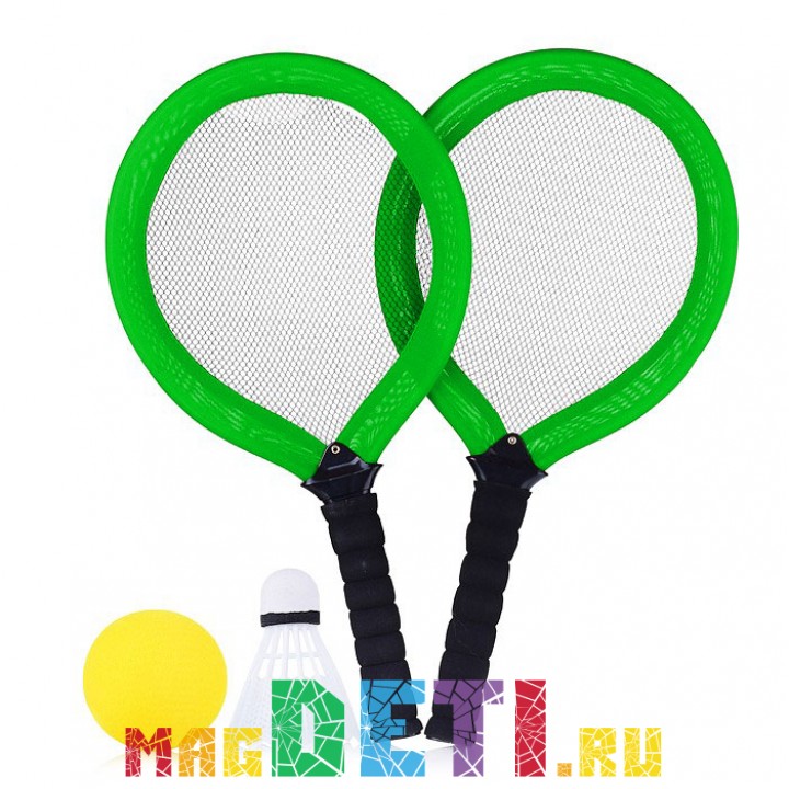 Набор для бадминтона, тенниса (2 ракетки, 1 воланчик, 1 мячик), в сетке, салатовый