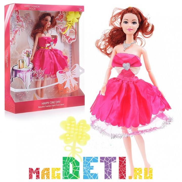 Кукла шарнирная с 2 платьями и аксессуарами (расческа, колье или заколка) в коробке, 30 см, платье коралловое
