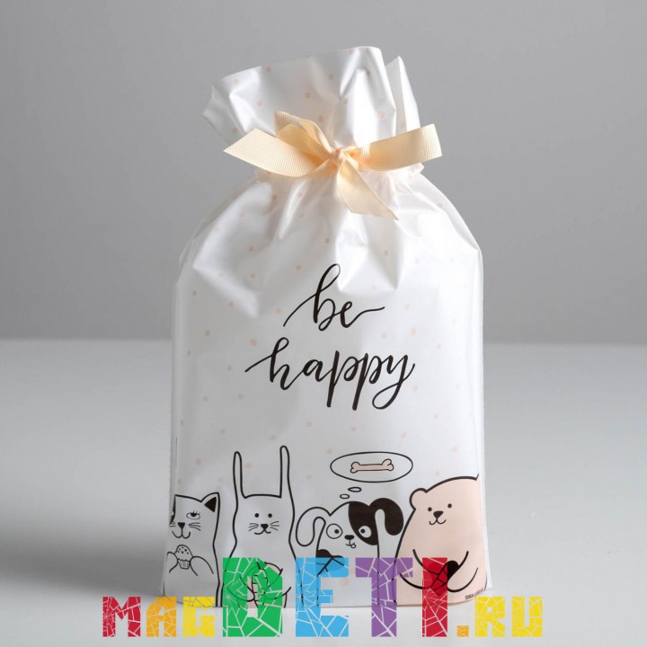 Пакет пластиковый подарочный с лентой "Be happy", 20х30х6 см